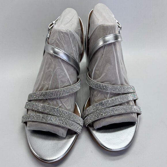 Naturalizer Bridget4 Silver Strappy Rhinestone Sandal Size 8.5 WIDE Block Heel - Picture 2 of 16